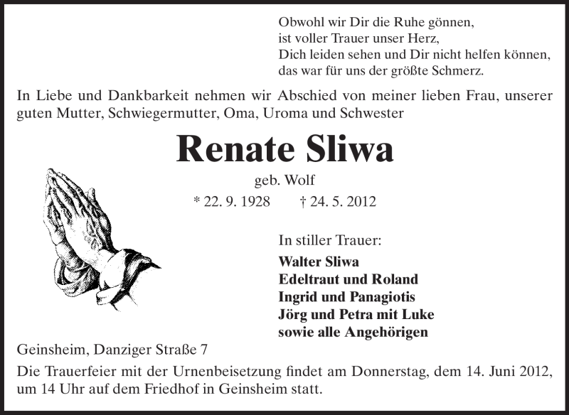  Traueranzeige für Renate Sliwa vom 12.06.2012 aus Rüsselsheimer Echo, Groß-Gerauer-Echo, Ried Echo