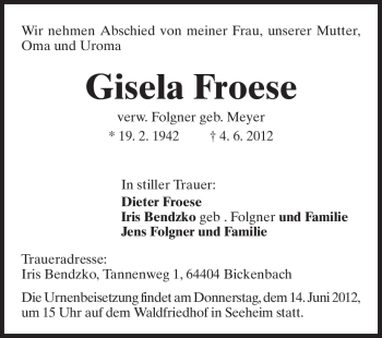 Traueranzeige von Gisela Froese von Echo-Zeitungen (Gesamtausgabe)