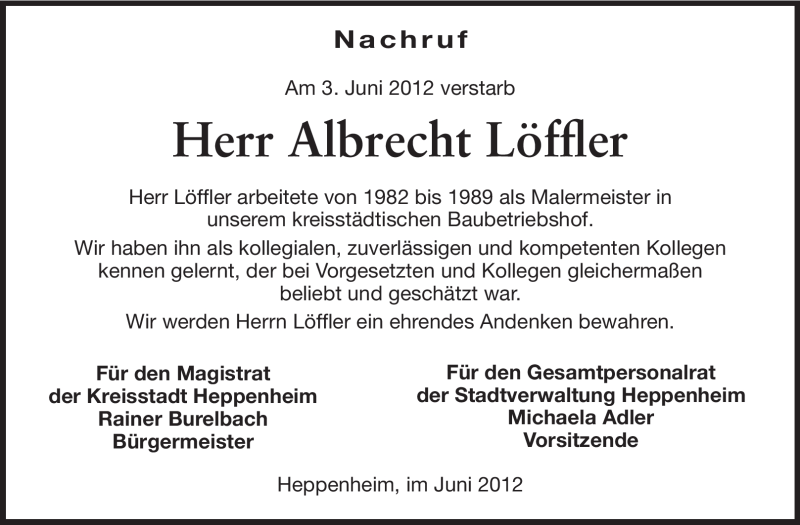  Traueranzeige für Albrecht Löffler vom 12.06.2012 aus Starkenburger Echo