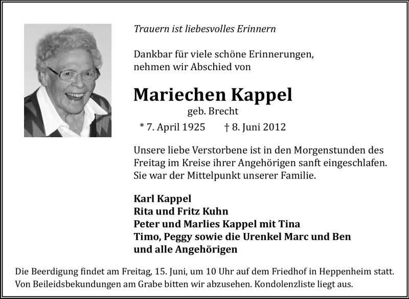  Traueranzeige für Mariechen Kappel vom 12.06.2012 aus Starkenburger Echo, Bergsträßer Anzeiger