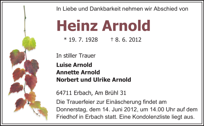  Traueranzeige für Heinz Arnold vom 12.06.2012 aus Odenwälder Echo