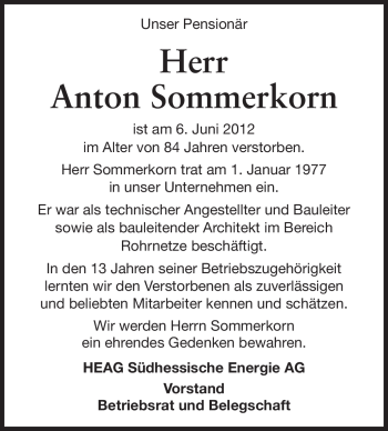 Traueranzeige von Anton Sommerkorn von Echo-Zeitungen (Gesamtausgabe)