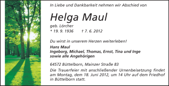 Traueranzeige von Helga Maul von Rüsselsheimer Echo, Groß-Gerauer-Echo, Ried Echo