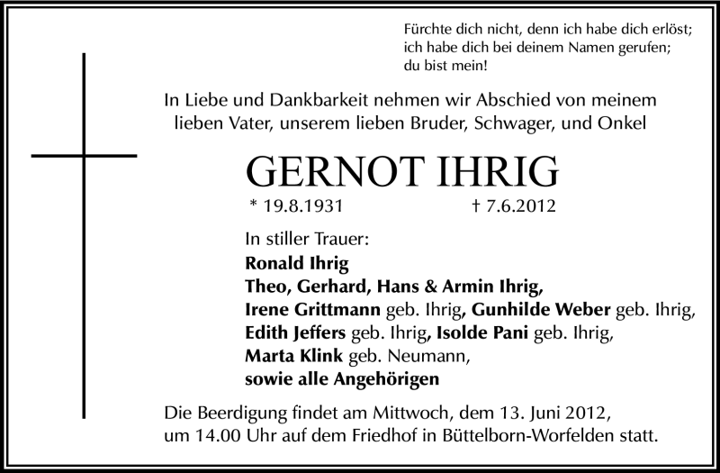  Traueranzeige für Gernot Ihrig vom 12.06.2012 aus Rüsselsheimer Echo, Groß-Gerauer-Echo, Ried Echo