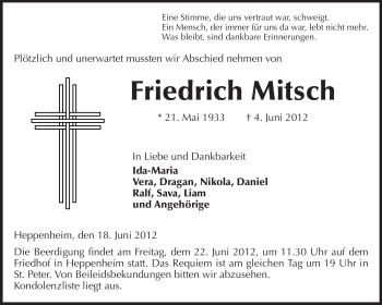 Traueranzeige von Friedrich Mitsch von Starkenburger Echo