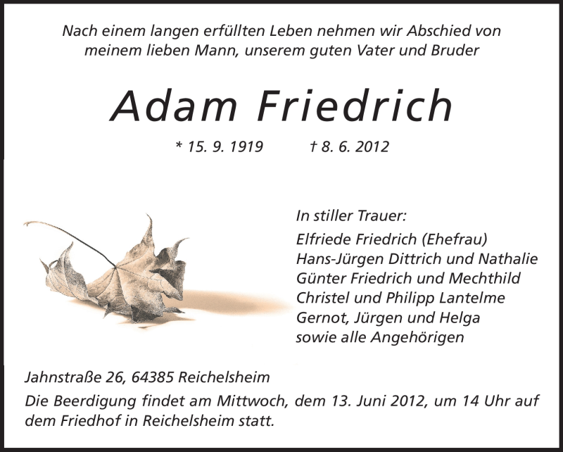  Traueranzeige für Adam Friedrich vom 13.06.2012 aus Rüsselsheimer Echo, Groß-Gerauer-Echo, Ried Echo