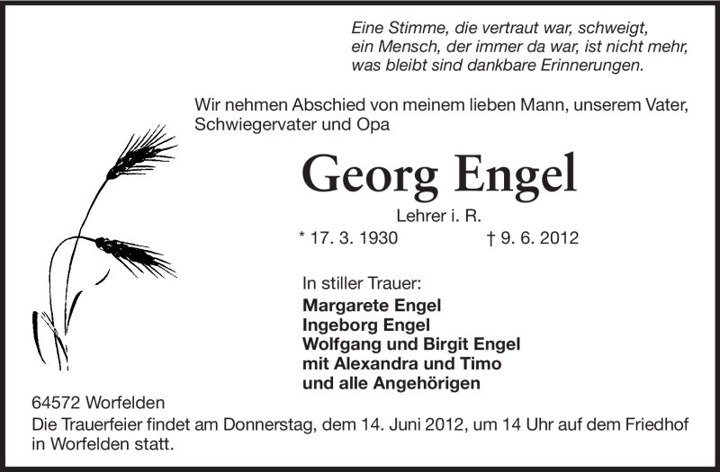  Traueranzeige für Georg Engel vom 13.06.2012 aus Rüsselsheimer Echo, Groß-Gerauer-Echo, Ried Echo
