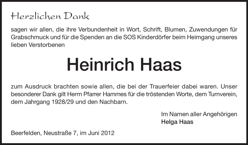  Traueranzeige für Heinrich Haas vom 16.06.2012 aus Odenwälder Echo