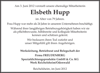 Traueranzeige von Elsbeth Hupp von Odenwälder Echo