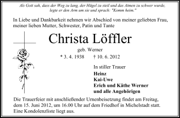 Traueranzeige von Christa Löffler von Odenwälder Echo