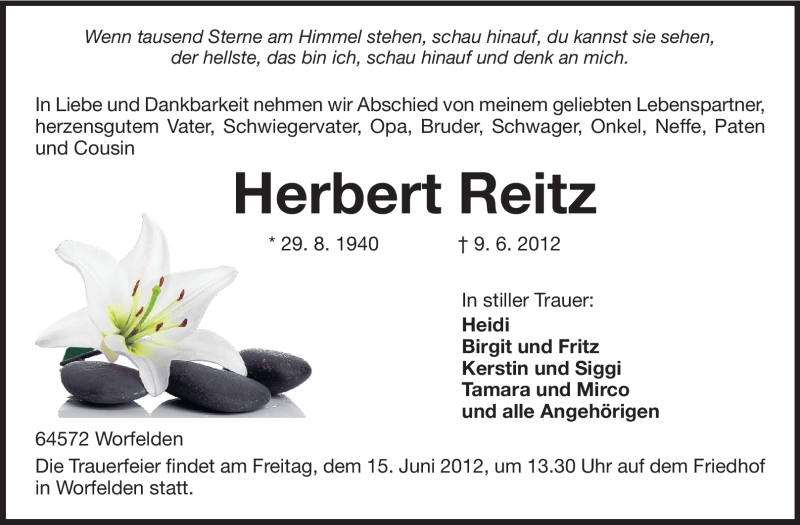  Traueranzeige für Herbert Reitz vom 14.06.2012 aus Rüsselsheimer Echo, Groß-Gerauer-Echo, Ried Echo