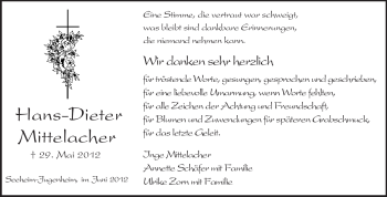 Traueranzeige von Hans-Dieter Mittelacher von Darmstädter Echo, Odenwälder Echo, Rüsselsheimer Echo, Groß-Gerauer-Echo, Ried Echo