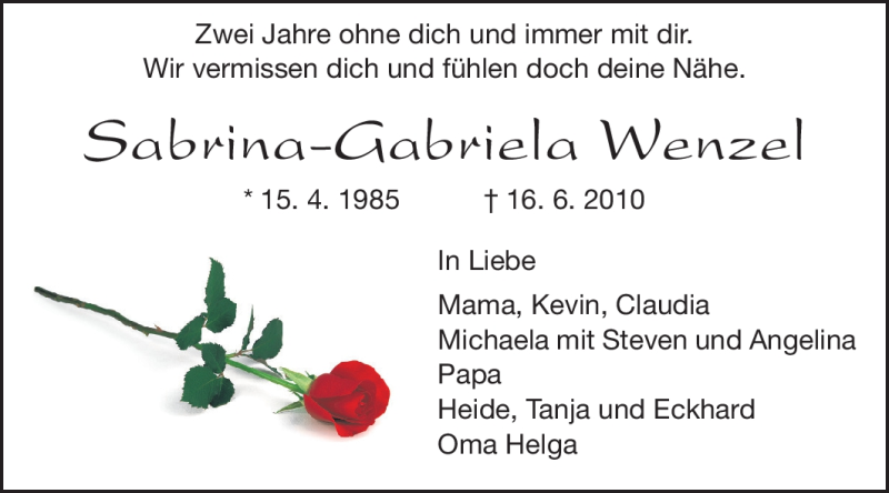  Traueranzeige für Sabrina-Gabriela Wenzel vom 16.06.2012 aus Darmstädter Echo, Odenwälder Echo, Rüsselsheimer Echo, Groß-Gerauer-Echo, Ried Echo