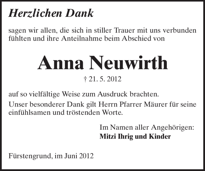  Traueranzeige für Anna Neuwirth vom 13.06.2012 aus Odenwälder Echo