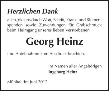 Traueranzeige von Georg Heinz von Echo-Zeitungen (Gesamtausgabe)