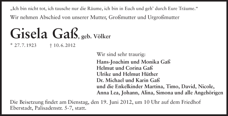  Traueranzeige für Gisela Gaß vom 15.06.2012 aus Echo-Zeitungen (Gesamtausgabe)