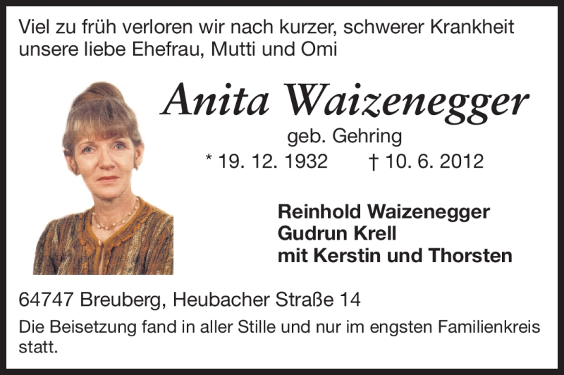  Traueranzeige für Anita Waizenegger vom 16.06.2012 aus Darmstädter Echo, Odenwälder Echo, Rüsselsheimer Echo, Groß-Gerauer-Echo, Ried Echo