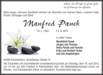 Traueranzeige von Manfred Panek von Odenwälder Echo