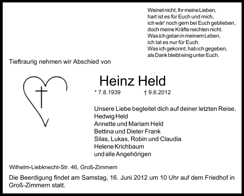  Traueranzeige für Heinz Held vom 14.06.2012 aus Echo-Zeitungen (Gesamtausgabe)