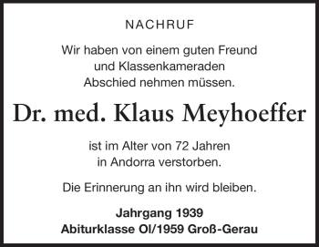 Traueranzeige von Klaus Meyhoeffer von Rüsselsheimer Echo, Groß-Gerauer-Echo, Ried Echo