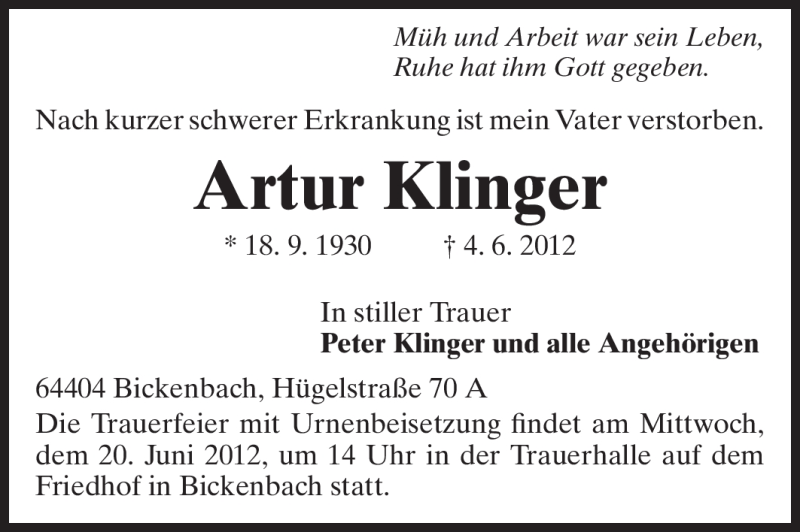  Traueranzeige für Artur Klinger vom 16.06.2012 aus Echo-Zeitungen (Gesamtausgabe)