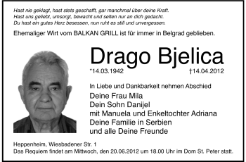 Traueranzeige von Drago Bjelica von Starkenburger Echo
