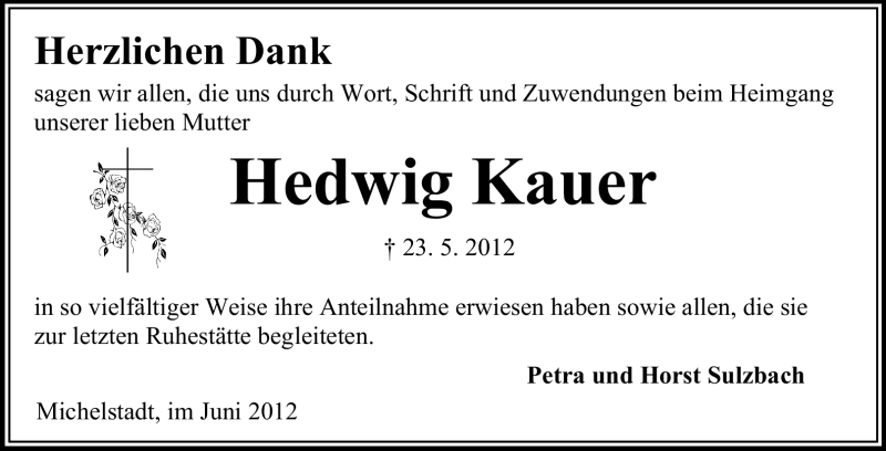 Traueranzeige für Hedwig Kauer vom 16.06.2012 aus Odenwälder Echo