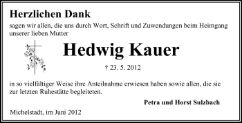 Traueranzeige von Hedwig Kauer von Odenwälder Echo