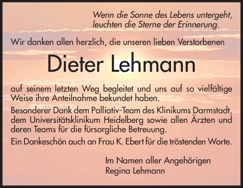  Traueranzeige für Dieter Lehmann vom 16.06.2012 aus Echo-Zeitungen (Gesamtausgabe)