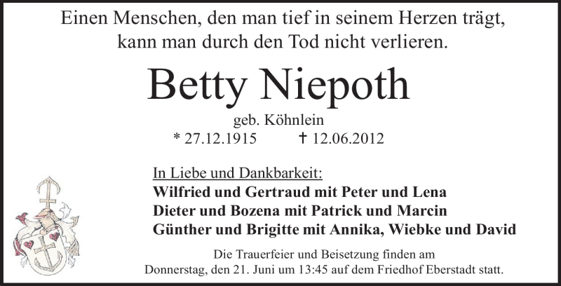  Traueranzeige für Betty Niepoth vom 16.06.2012 aus Echo-Zeitungen (Gesamtausgabe)