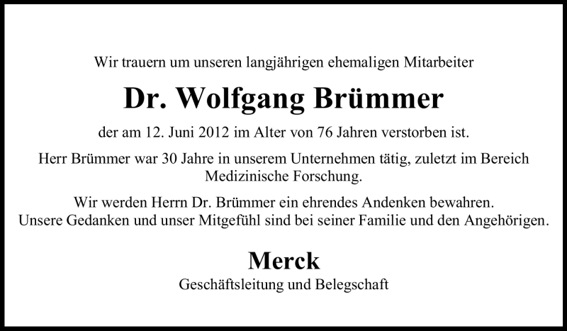  Traueranzeige für Wolfgang Brümmer vom 16.06.2012 aus Echo-Zeitungen (Gesamtausgabe)