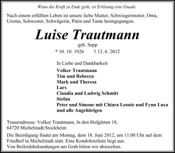 Traueranzeige von Luise Trautmann von Odenwälder Echo