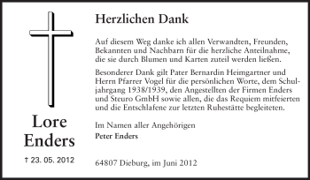 Traueranzeige von Lore Enders von Echo-Zeitungen (Gesamtausgabe)