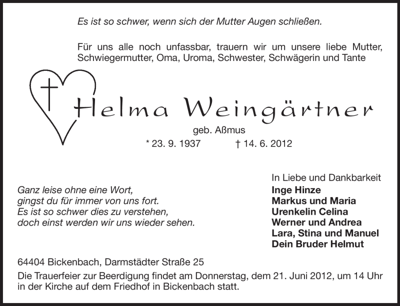  Traueranzeige für Helma Weingärtner vom 19.06.2012 aus Echo-Zeitungen (Gesamtausgabe)