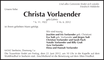 Traueranzeige von Christa Vorlaender von Echo-Zeitungen (Gesamtausgabe)