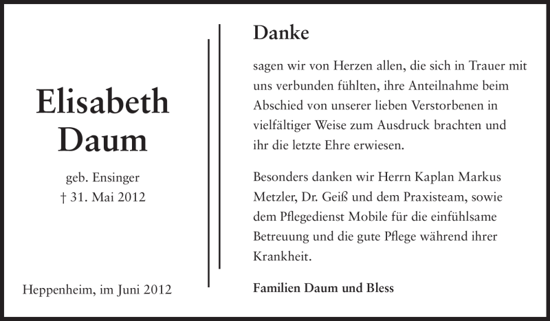 Traueranzeige für Elisabeth Daum vom 19.06.2012 aus Starkenburger Echo