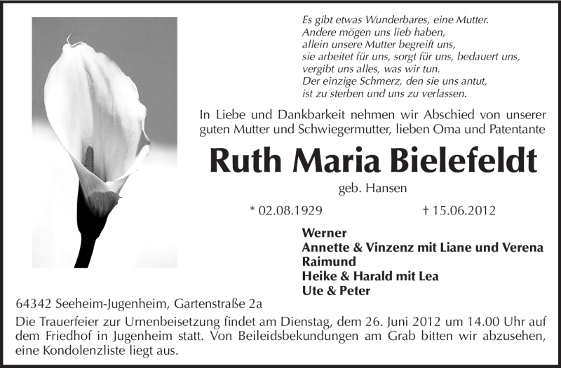  Traueranzeige für Ruth Maria Bielefeldt vom 23.06.2012 aus Echo-Zeitungen (Gesamtausgabe)