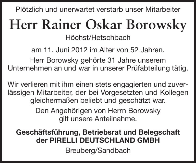  Traueranzeige für Rainer Oskar Borowsky vom 19.06.2012 aus Odenwälder Echo