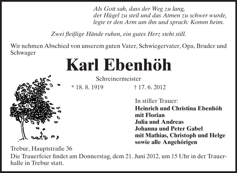  Traueranzeige für Karl Ebenhöh vom 19.06.2012 aus Rüsselsheimer Echo, Groß-Gerauer-Echo, Ried Echo