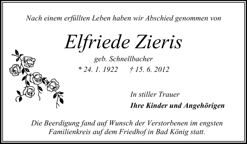  Traueranzeige für Elfriede Zieris vom 20.06.2012 aus Odenwälder Echo