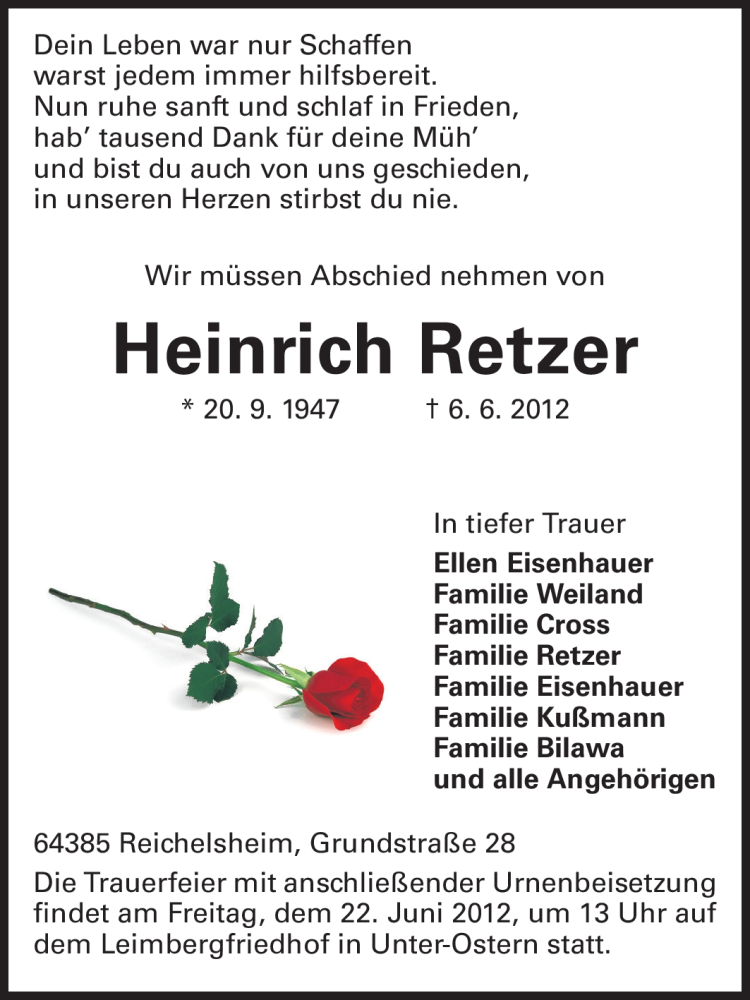  Traueranzeige für Heinrich Retzer vom 20.06.2012 aus Odenwälder Echo