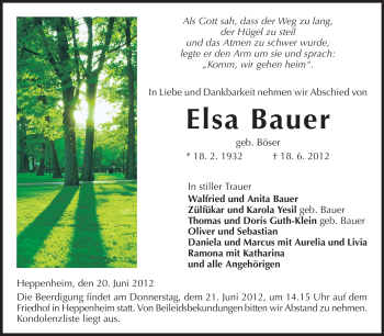 Traueranzeige von Elsa Bauer von Starkenburger Echo