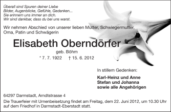 Traueranzeige von Elisabeth Oberndörfer von Echo-Zeitungen (Gesamtausgabe)