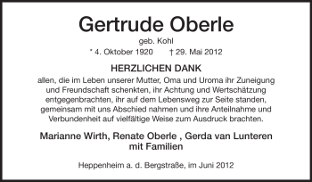 Traueranzeige von Gertrude Oberle von Starkenburger Echo