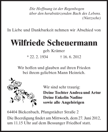 Traueranzeige von Wilfriede Scheuermann von Darmstädter Echo, Odenwälder Echo, Rüsselsheimer Echo, Groß-Gerauer-Echo, Ried Echo