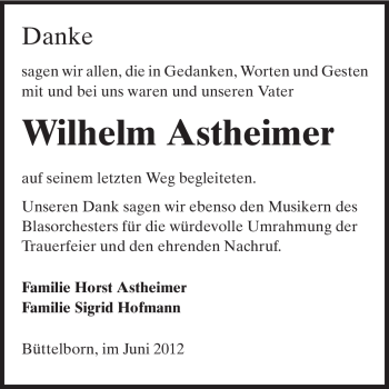 Traueranzeige von Wilhelm Astheimer von Rüsselsheimer Echo, Groß-Gerauer-Echo, Ried Echo