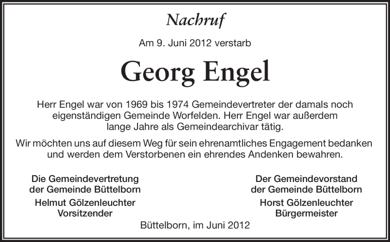  Traueranzeige für Georg Engel vom 23.06.2012 aus Rüsselsheimer Echo, Groß-Gerauer-Echo, Ried Echo