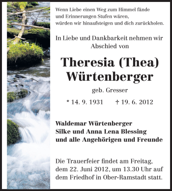 Traueranzeige von Theresia Würtenberger von Echo-Zeitungen (Gesamtausgabe)