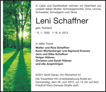 Traueranzeige von Leni Schaffner von Rüsselsheimer Echo, Groß-Gerauer-Echo, Ried Echo