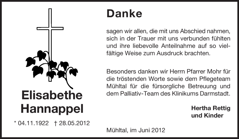  Traueranzeige für Elisabethe Hannappel vom 23.06.2012 aus Darmstädter Echo, Odenwälder Echo, Rüsselsheimer Echo, Groß-Gerauer-Echo, Ried Echo